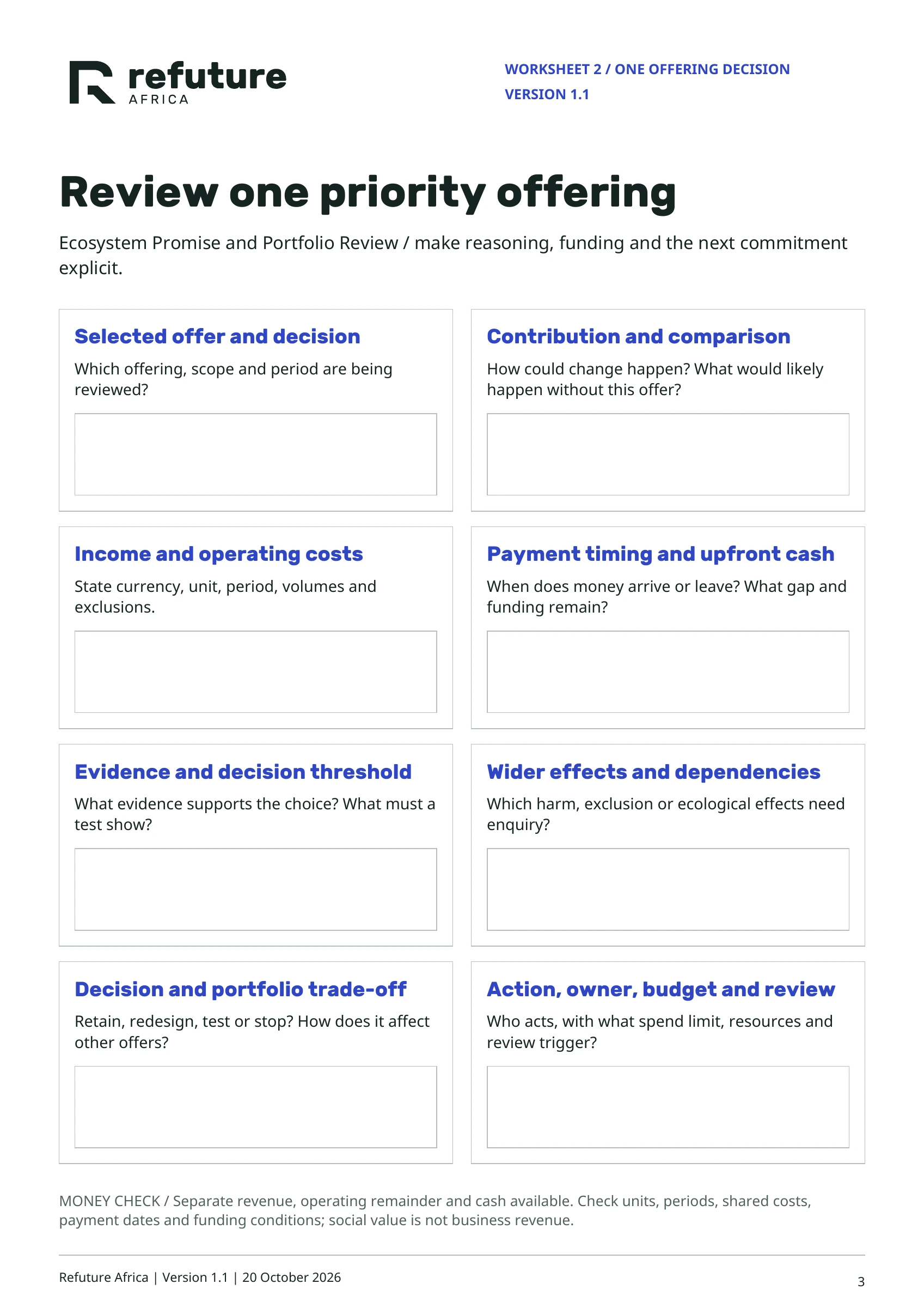 Ecosystem Promise & Portfolio Review — page 3: Worksheet 2 / one offering decision